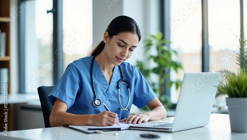 Focused Medical Professional Writing Notes at Desk in Bright Workspace