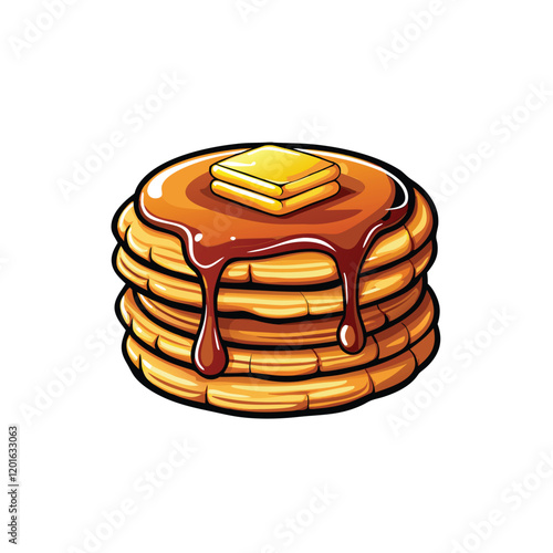Create a photorealistic vector illustration of a stack of golden brown pancakes, drizzled with melted butter and a light dusting of powdered sugar.