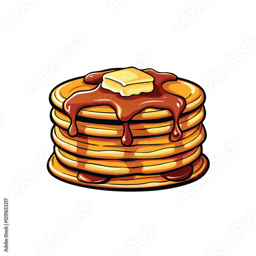 A meticulously crafted vector illustration depicting a stack of golden brown pancakes, slightly tilted, with a generous drizzle of golden syrup cascading down the side.