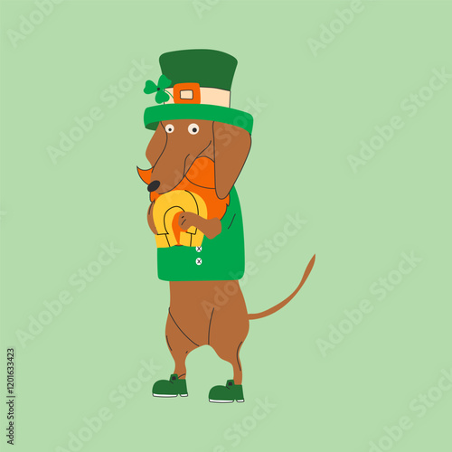 Dachshund dog wearing costumes for St. Patrick's day. A cartoon dog wearing a green hat and holding a horseshoe