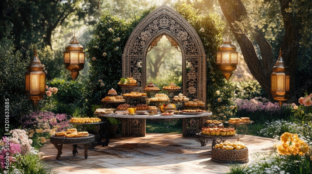 Obraz premium Festive outdoor dessert spread, garden setting, sunlight, celebration