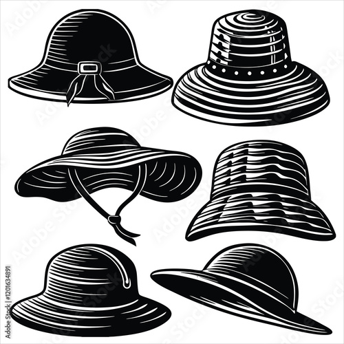 set of vector various style sun hat, beach hat, summer straw hat silhouettes