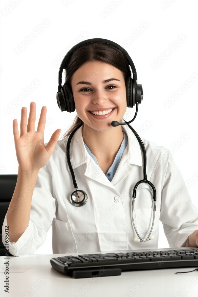 A woman wearing a white lab coat and a stethoscope is smiling A woman wearing a white lab coat and a stethoscope is smiling