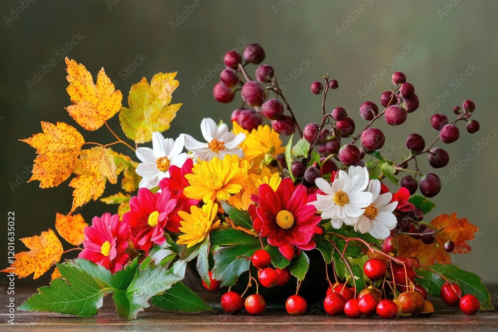 Obraz premium Still life of seasonal plants and flowers mixed with golden autumn leaves, simple elegant backdrop
