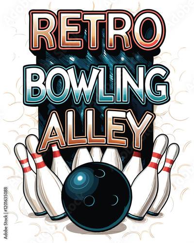 Design a retro-style poster for a bowling alley featuring a vintage bowling ball and the symbol pi.