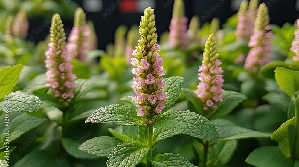Vibrant pink flowers blooming amidst lush green leaves in a garden setting, with blurred background Vibrant pink flowers blooming amidst lush green leaves in a garden setting, with blurred background