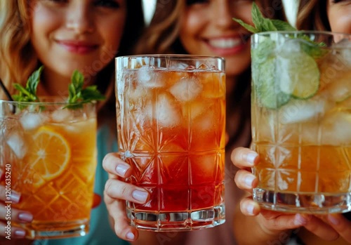 Close-up of cocktails held in hand by young women in summer	