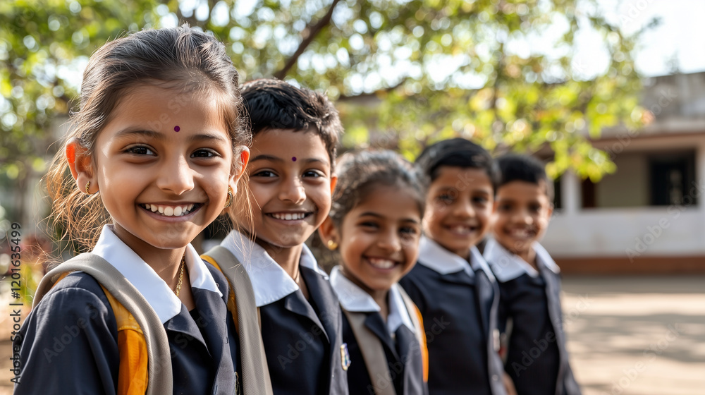 A lively scene of Indian children in school uniforms, showcasing happiness, friendship, and the spirit of learning. Ideal for education, community, or youth-related projects. A lively scene of Indian children in school uniforms, showcasing happiness, friendship, and the spirit of learning. Ideal for education, community, or youth-related projects.