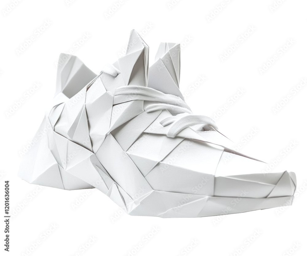 Bright white sneaker, folded from paper using origami technique Bright white sneaker, folded from paper using origami technique