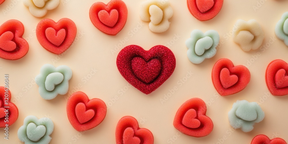Obraz premium A charming table adorned with a multitude of vibrant heart shapes, radiating love and affection, perfect for celebrating Valentine's Day.