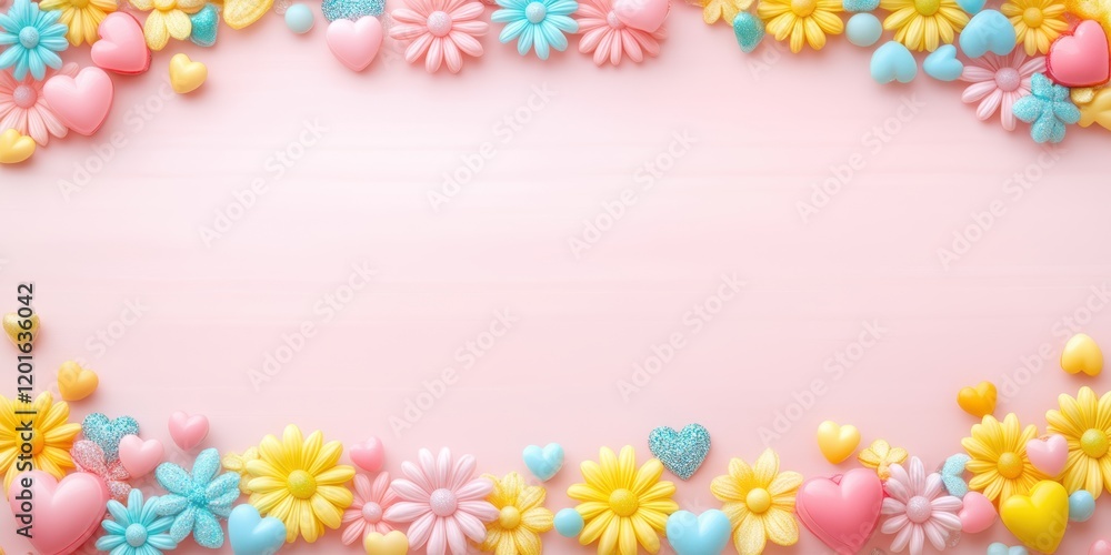 A delightful pink cake adorned with vibrant yellow and blue flowers, sprinkled with charming hearts, perfect for celebrating love on Valentine's Day. A delightful pink cake adorned with vibrant yellow and blue flowers, sprinkled with charming hearts, perfect for celebrating love on Valentine's Day.