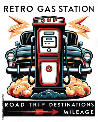 A retro gas station poster with an old gas pump and a classic car, bathed in warm sunset light.