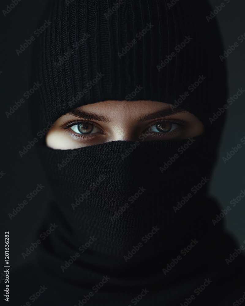 Mysterious figure in black mask poses for evocative portrait against dark background Mysterious figure in black mask poses for evocative portrait against dark background