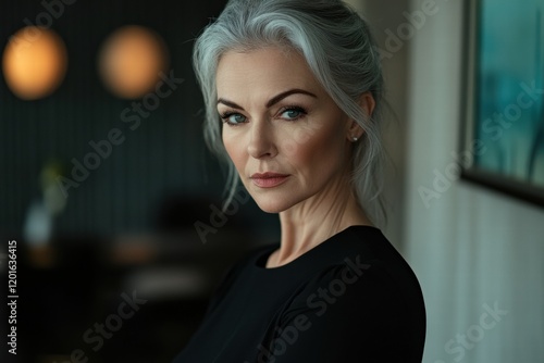 Wallpaper Mural A woman with gray hair and a black dress is standing in front of a wall Torontodigital.ca