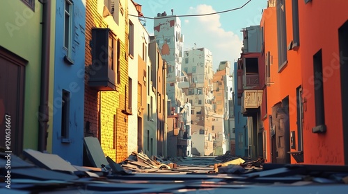 Fototapeta Naklejka Na Ścianę i Meble -  A colorful cartoon-style depiction of an empty street in the city, with collapsed buildings and rubble on both sides