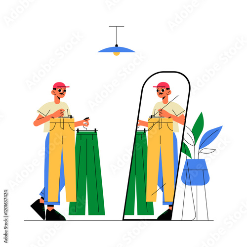 Man Trying On Pants In Front Of A Mirror In Flat Vector Illustration Symbolizing Fashion Choices, Shopping, And Style Decisions, Isolated On White Background.