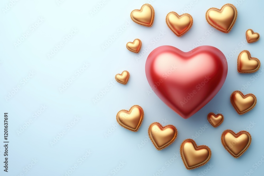 Obraz premium A central heart radiates warmth, encircled by shimmering gold hearts, set against a serene blue backdrop, epitomizing love and celebration.