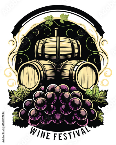 Design a retro-style poster for a wine festival featuring a cluster of grapes, wooden barrels, and a vintage font.