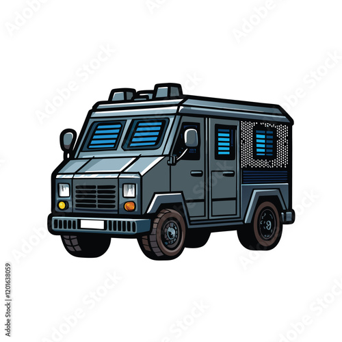 A close-up shot of a riot control armored vehicle with barred windows, focusing on the imposing, imposing nature of the vehicle.