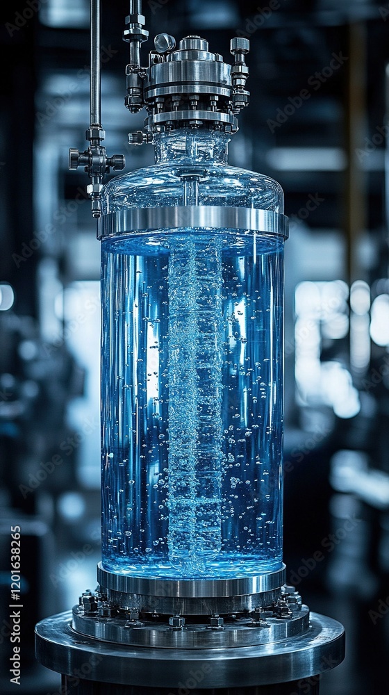 Close-up of a glass cylindrical vessel filled with a clear blue liquid, bubbles rising through a central column, within an industrial setting. Close-up of a glass cylindrical vessel filled with a clear blue liquid, bubbles rising through a central column, within an industrial setting.