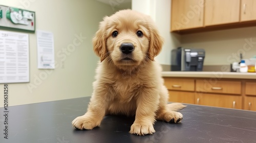 The puppy gazes forward with a mix of curiosity and trust, its fluffy coat glowing under the office lights as it perches on the vet’s table.
