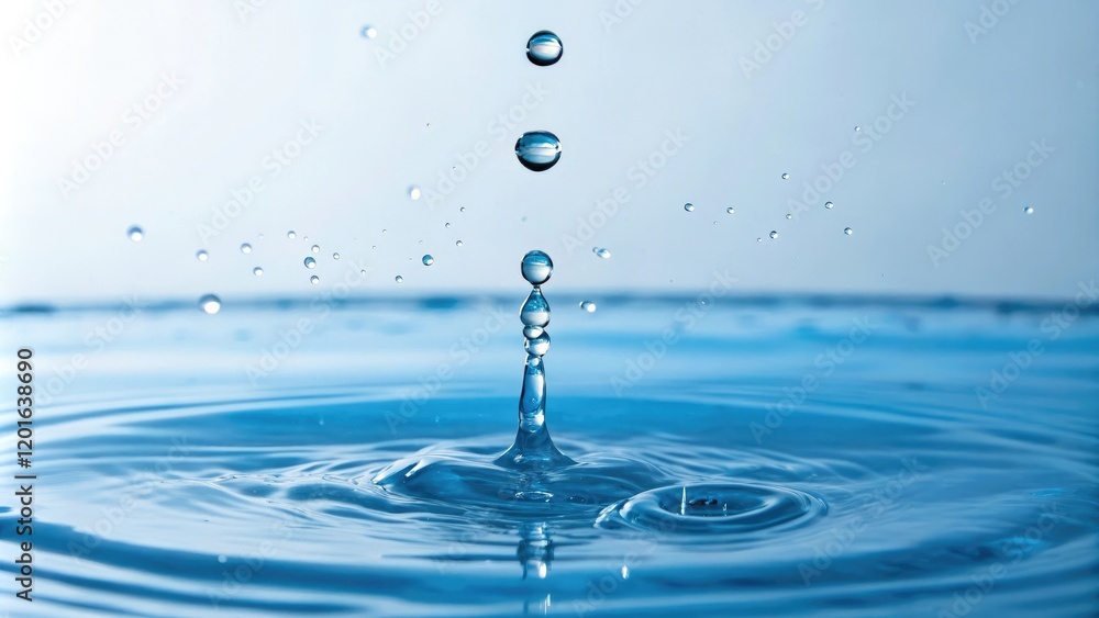 Blue water drops falling onto a calm blue water surface, blue tones, rippling surface, liquid merging Blue water drops falling onto a calm blue water surface, blue tones, rippling surface, liquid merging