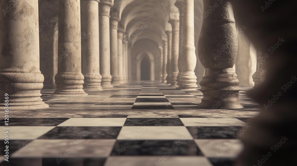 A chessboard-like floor with marble pillars, casting long shadows. The background is an ancient hall of columns and arches, with soft lighting creating a mystical atmosphere A chessboard-like floor with marble pillars, casting long shadows. The background is an ancient hall of columns and arches, with soft lighting creating a mystical atmosphere
