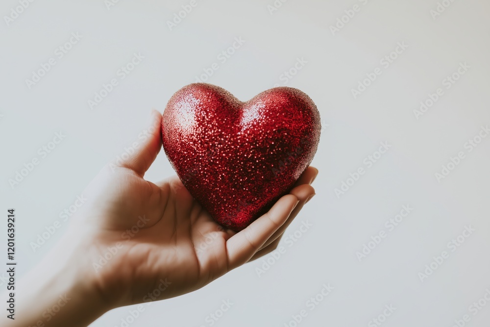 Obraz premium A single hand presenting a sparkling red glitter heart against a clean neutral background