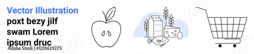 Apple with leaf, dairy products with milk and cheese, and a shopping cart. Ideal for nutrition, grocery stores, healthy eating, diet plans, food blogs, supermarket promotions, e-commerce. Banner