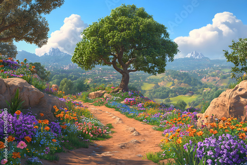 Serene hillside path lined with vibrant wildflowers, leading to a picturesque village nestled in a valley, mountains in the background. A majestic oak tree stands near the path.