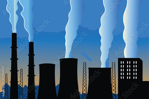 A photograph of several tall smokestacks releasing billowing plumes of steam into a cloudy sky, with a sprawling industrial building in the background.