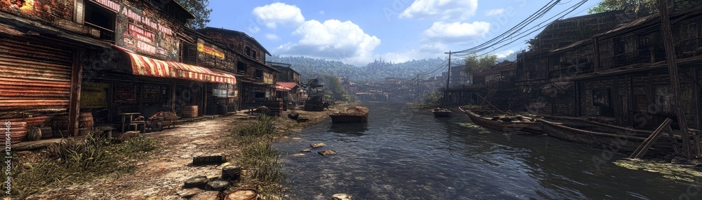 River Village, Southeast Asia; boats, buildings. Use travel, tourism River Village, Southeast Asia; boats, buildings. Use travel, tourism