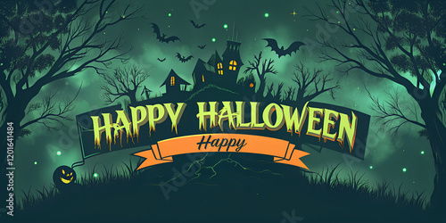 Celebrate the spooky season with a haunting Halloween illustration featuring a haunted house, bats, and eerie green fog photo