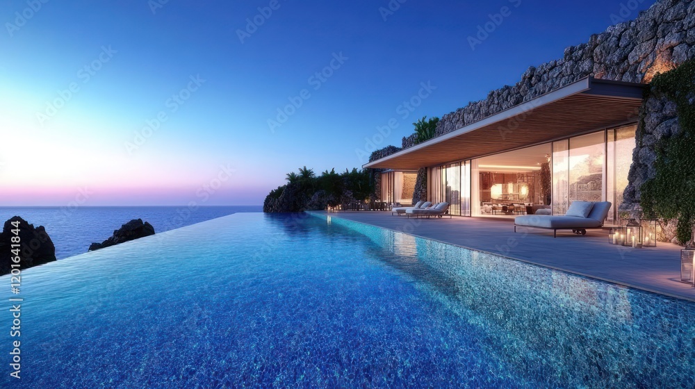 Fototapeta premium Cliffside luxury villa with infinity pool at sunset.