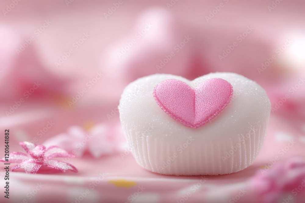 Fototapeta premium A delightful white cupcake adorned with a charming pink heart, perfect for celebrating love on Valentine's Day with sweetness and joy.