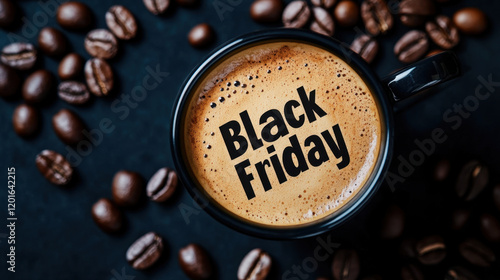 Top view of coffee art with the words Black Friday in the middle on black background photo