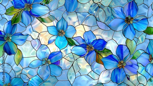 Stained glass window Blue flowers floating on water with a seamless floral pattern background