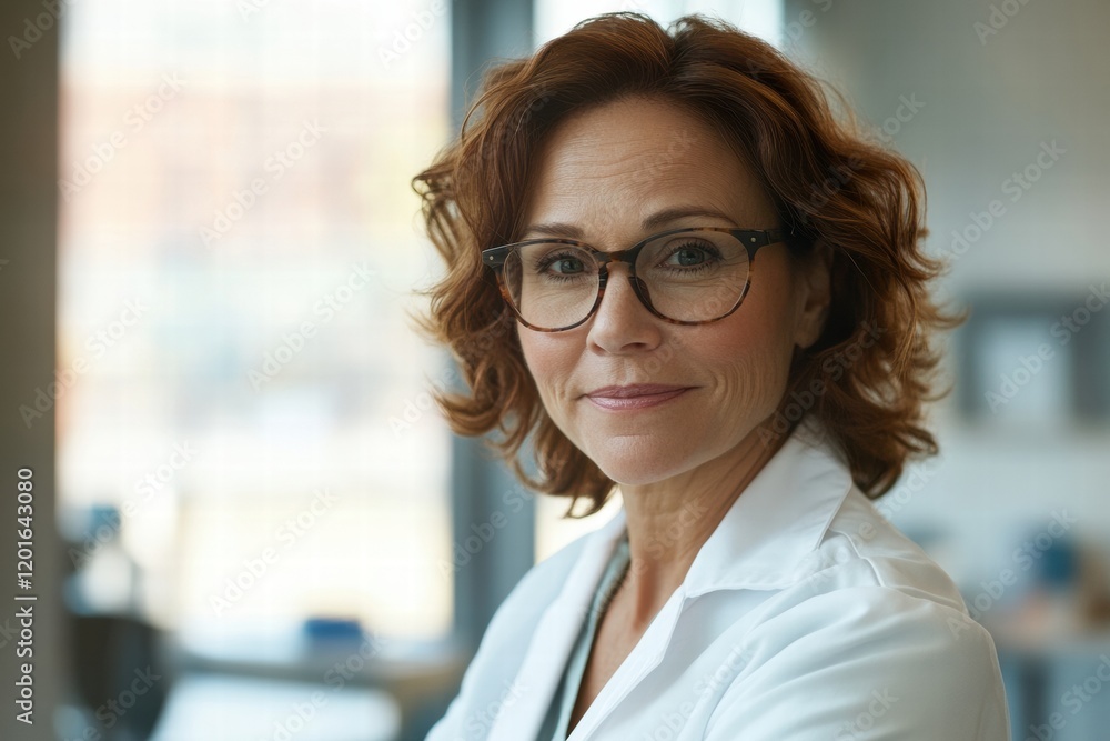 Fototapeta premium A woman wearing glasses and a white lab coat is smiling for the camera
