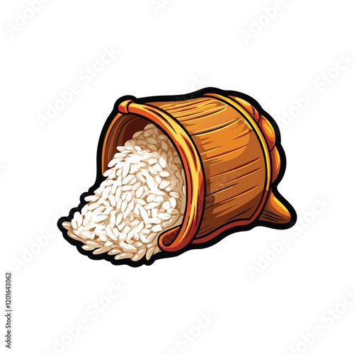 A vector illustration of a burlap sack of rice spilling open, with grains scattering onto a woven wooden surface.