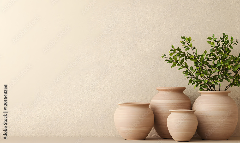 Fototapeta premium Decorative clay pots arrangement with greenery modern interior still life minimalist design natural aesthetic