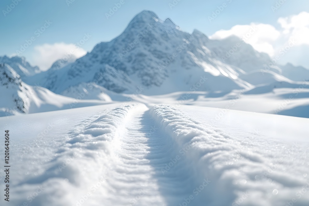 Winter Adventure: Fresh Ski Tracks in Pristine Snowy Mountain Landscape Winter Adventure: Fresh Ski Tracks in Pristine Snowy Mountain Landscape
