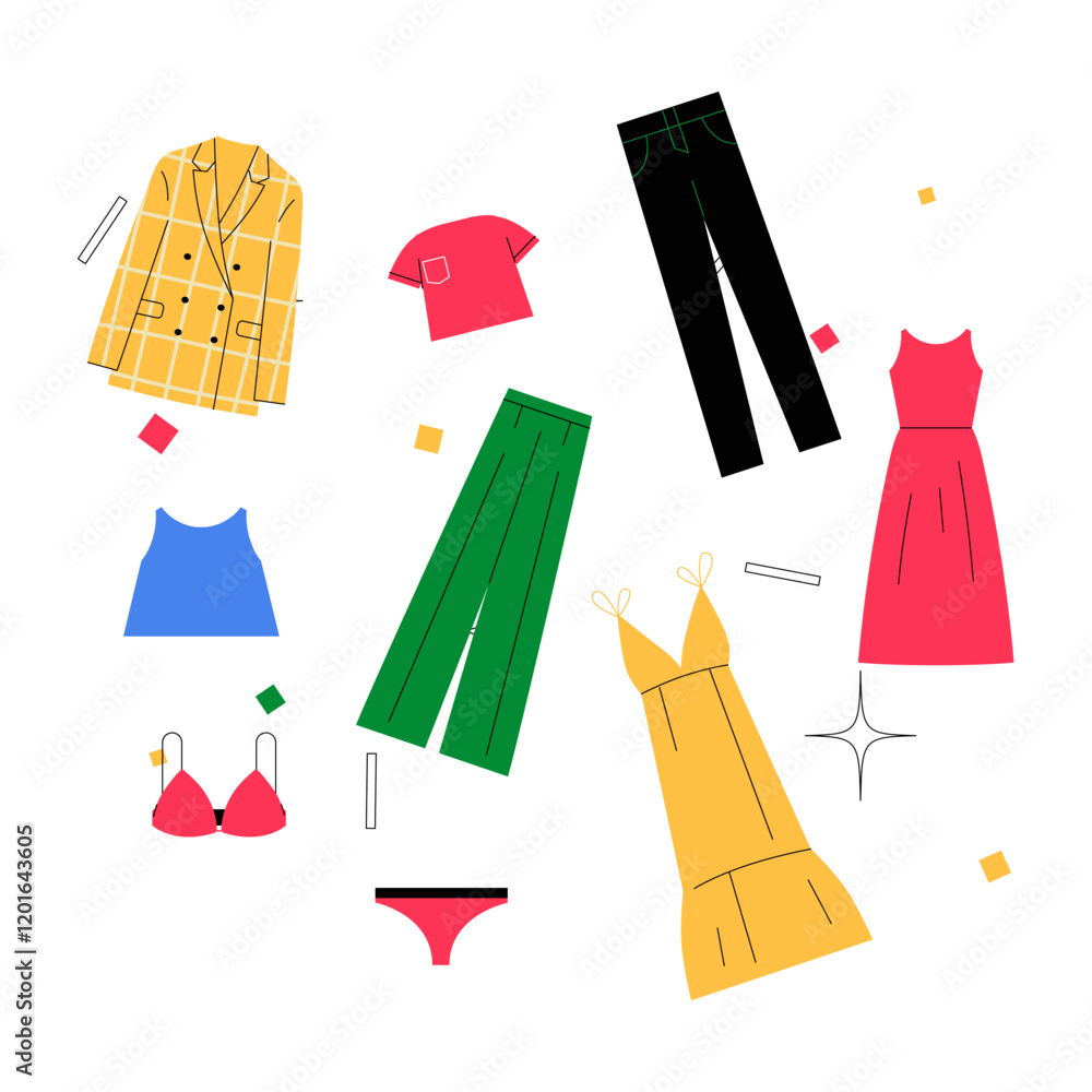 Clothing And Accessories Collection In Flat Vector Illustration Symbolizing Wardrobe Planning, Fashion Trends, And Apparel Variety, Isolated On White Background. Clothing And Accessories Collection In Flat Vector Illustration Symbolizing Wardrobe Planning, Fashion Trends, And Apparel Variety, Isolated On White Background.