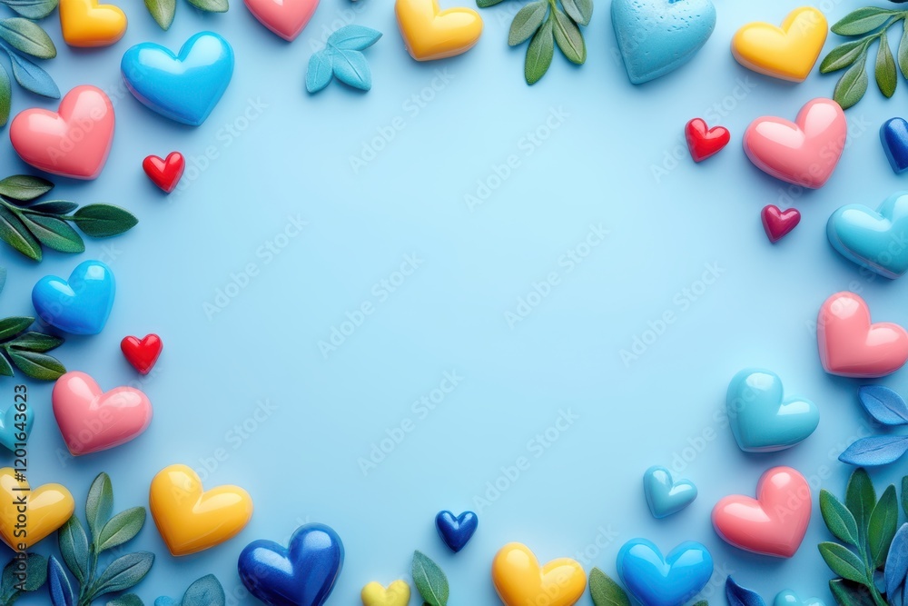 A vibrant circle of colorful hearts dances against a serene blue backdrop, celebrating love in a whimsical and delightful display. A vibrant circle of colorful hearts dances against a serene blue backdrop, celebrating love in a whimsical and delightful display.
