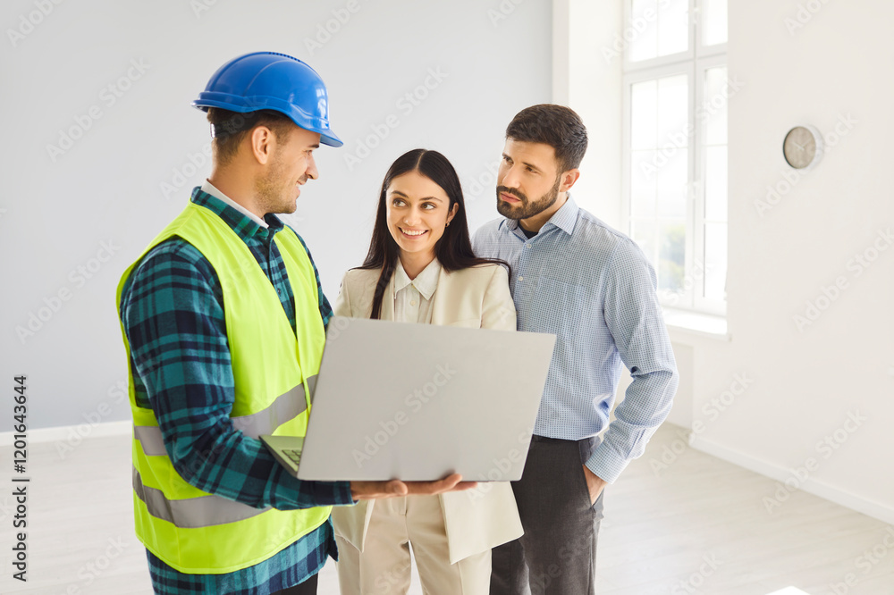 Family couple clients meets with a builder or contractor, examining a blueprint for a home renovation project. Together, they review construction plans, discussing important details for the project. Family couple clients meets with a builder or contractor, examining a blueprint for a home renovation project. Together, they review construction plans, discussing important details for the project.