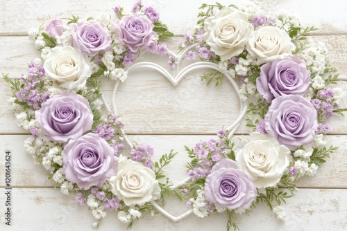 Beautiful purple and white roses form a heart on a rustic white wooden surface, symbolizing love and romance for Valentine's Day.