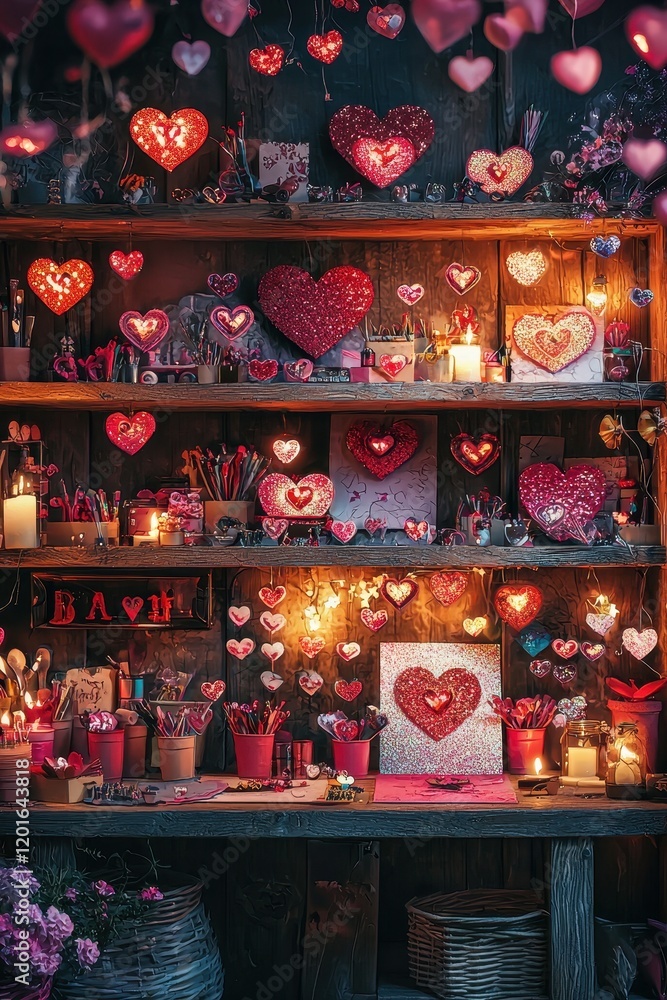 Fototapeta premium Vibrant Heart-Themed Craft Room with Glowing Decorations