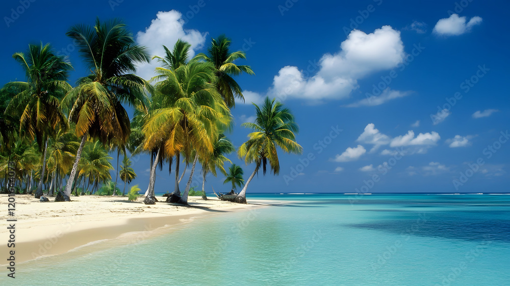 Tropical beach with palm trees and clear blue water under a bright sky Tropical beach with palm trees and clear blue water under a bright sky