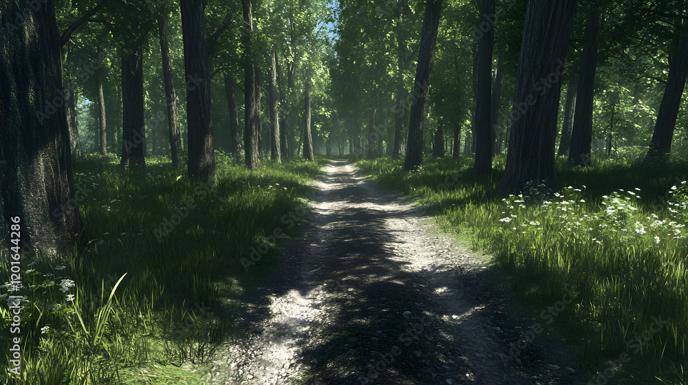 Fototapeta premium Serene forest path illuminated by sunlight through lush green trees