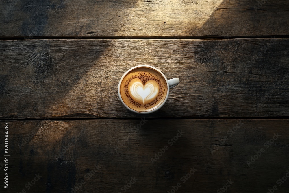 Overhead view of latte art heart in cup on rustic wooden table. Overhead view of latte art heart in cup on rustic wooden table.
