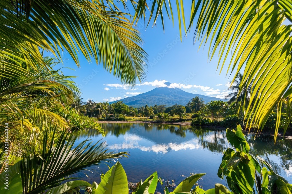 Obraz premium Serene tropical bay surrounded by palm trees with a distant mountain range, portraying natural harmony